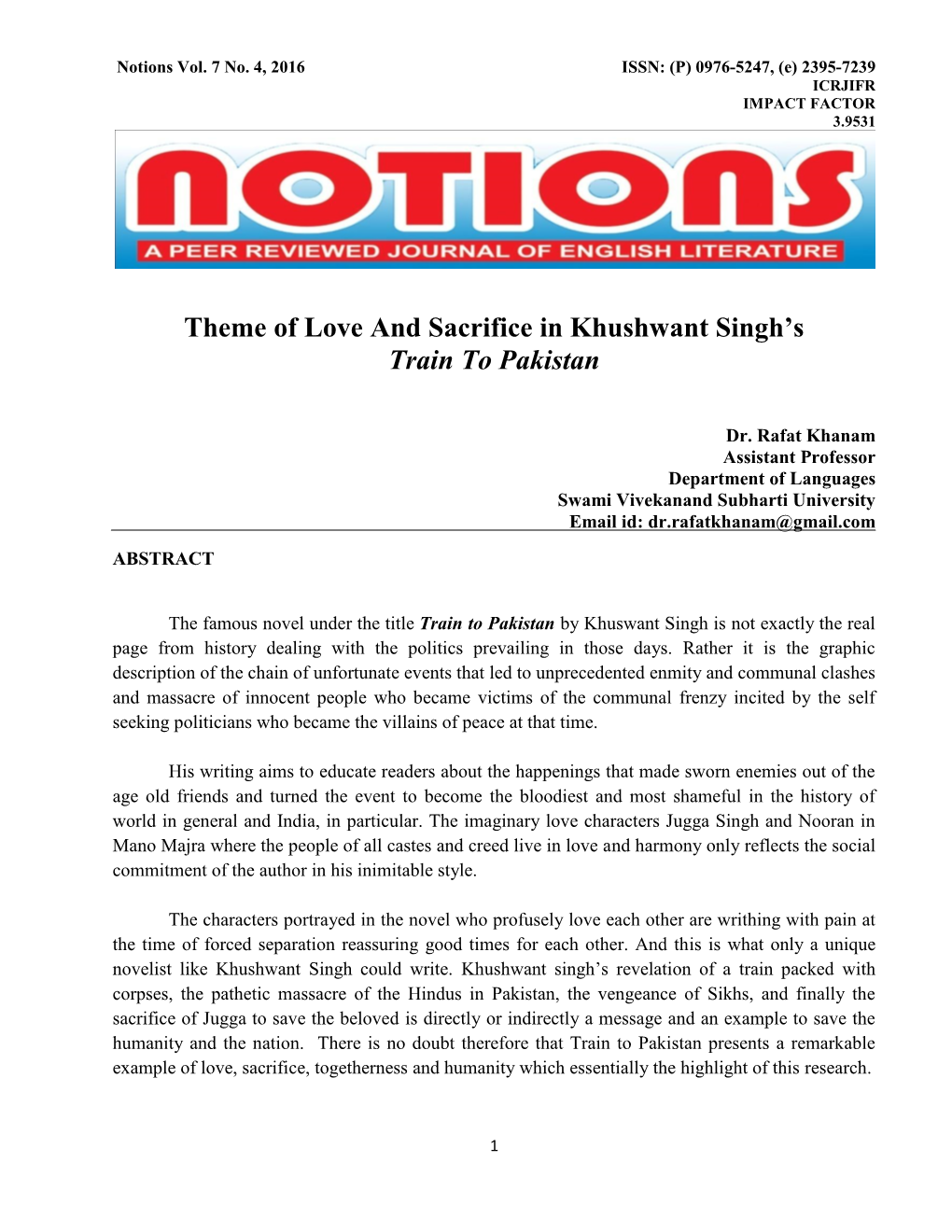 Theme of Love and Sacrifice in Khushwant Singh's Train to Pakistan