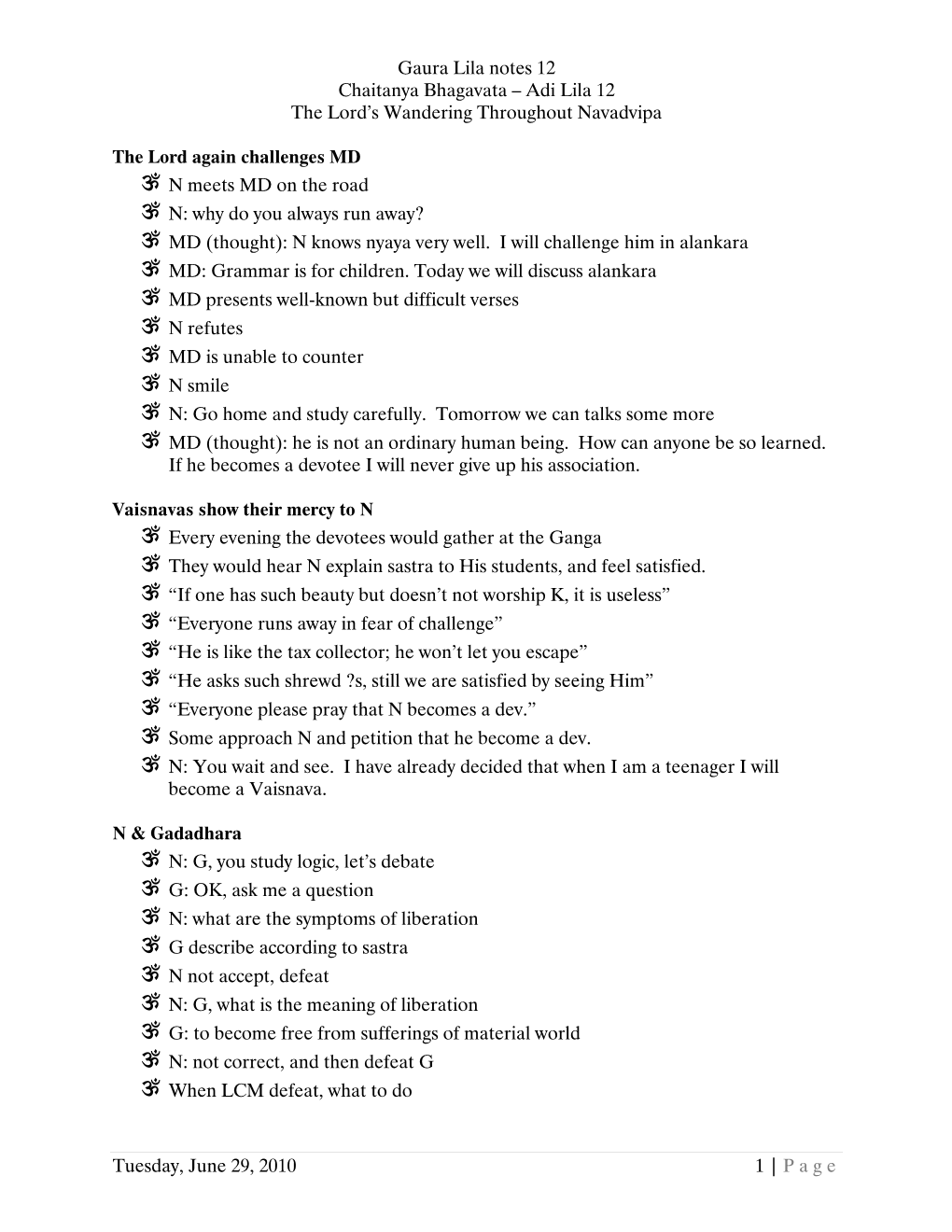 Gaura Lila Notes 12 Chaitanya Bhagavata – Adi Lila 12 the Lord's