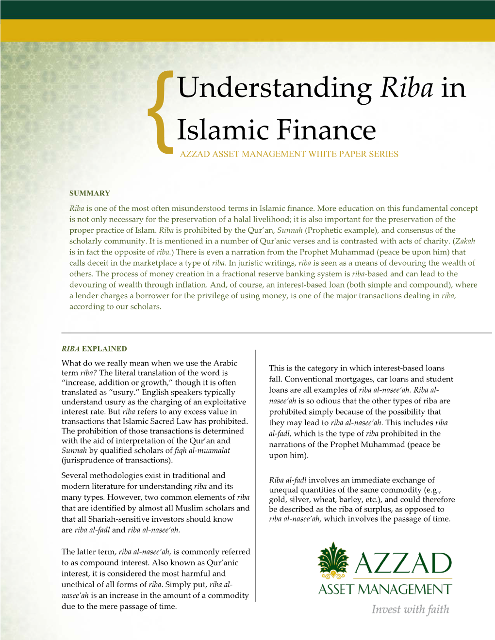 Understanding Riba in Islamic Finance { AZZAD ASSET MANAGEMENT WHITE PAPER SERIES