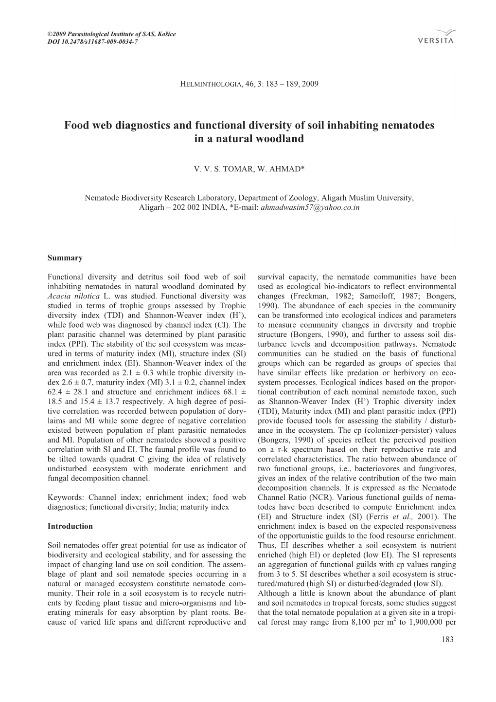 Food Web Diagnostics and Functional Diversity of Soil Inhabiting Nematodes in a Natural Woodland