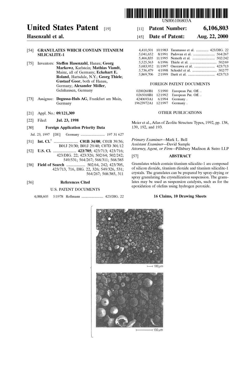 United States Patent (19) 11 Patent Number: 6,106,803 Hasenzahl Et Al