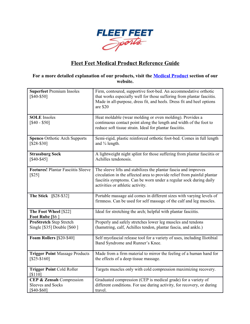 Fleet Feet Medical Product Reference Guide