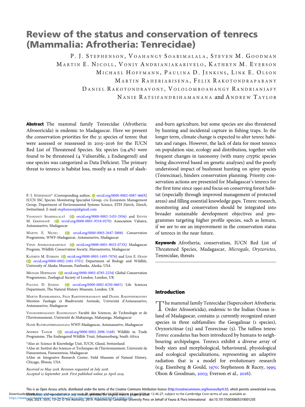 Review of the Status and Conservation of Tenrecs (Mammalia: Afrotheria: Tenrecidae)