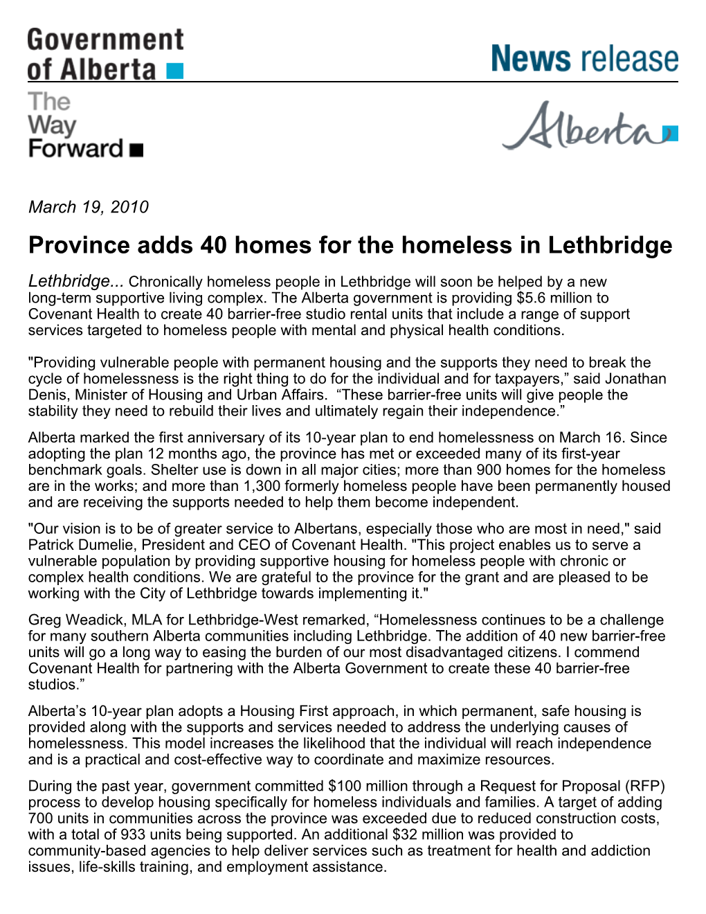 Province Adds 40 Homes for the Homeless in Lethbridge