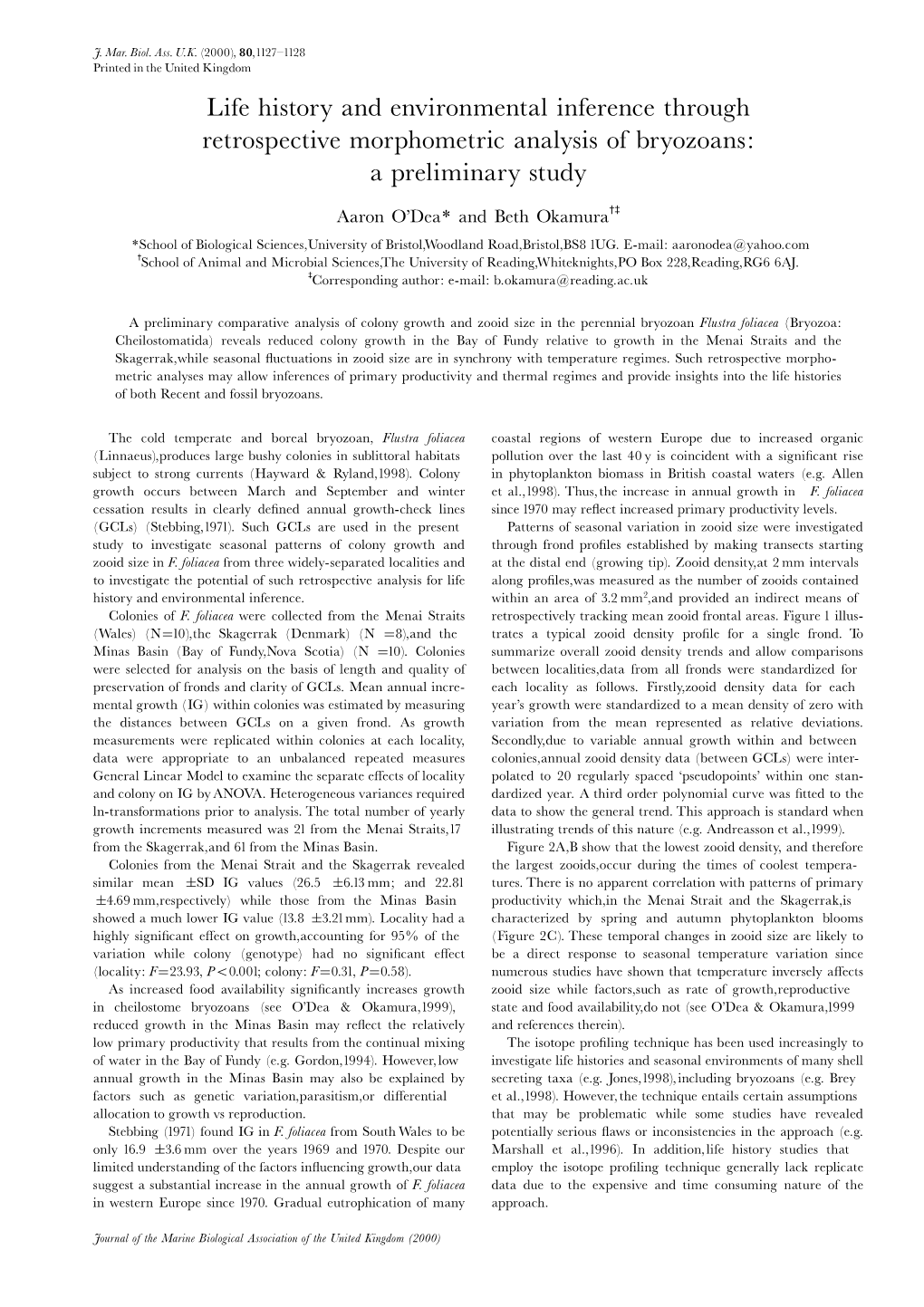 Life History and Environmental Inference Through Retrospective Morphometric Analysis of Bryozoans: Apreliminarystudy