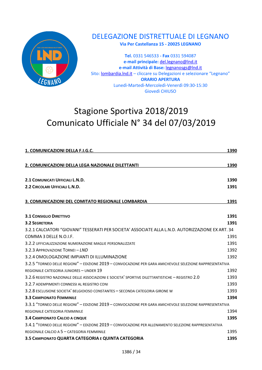 Stagione Sportiva 2018/2019 Comunicato Ufficiale N° 34 Del 07/03/2019