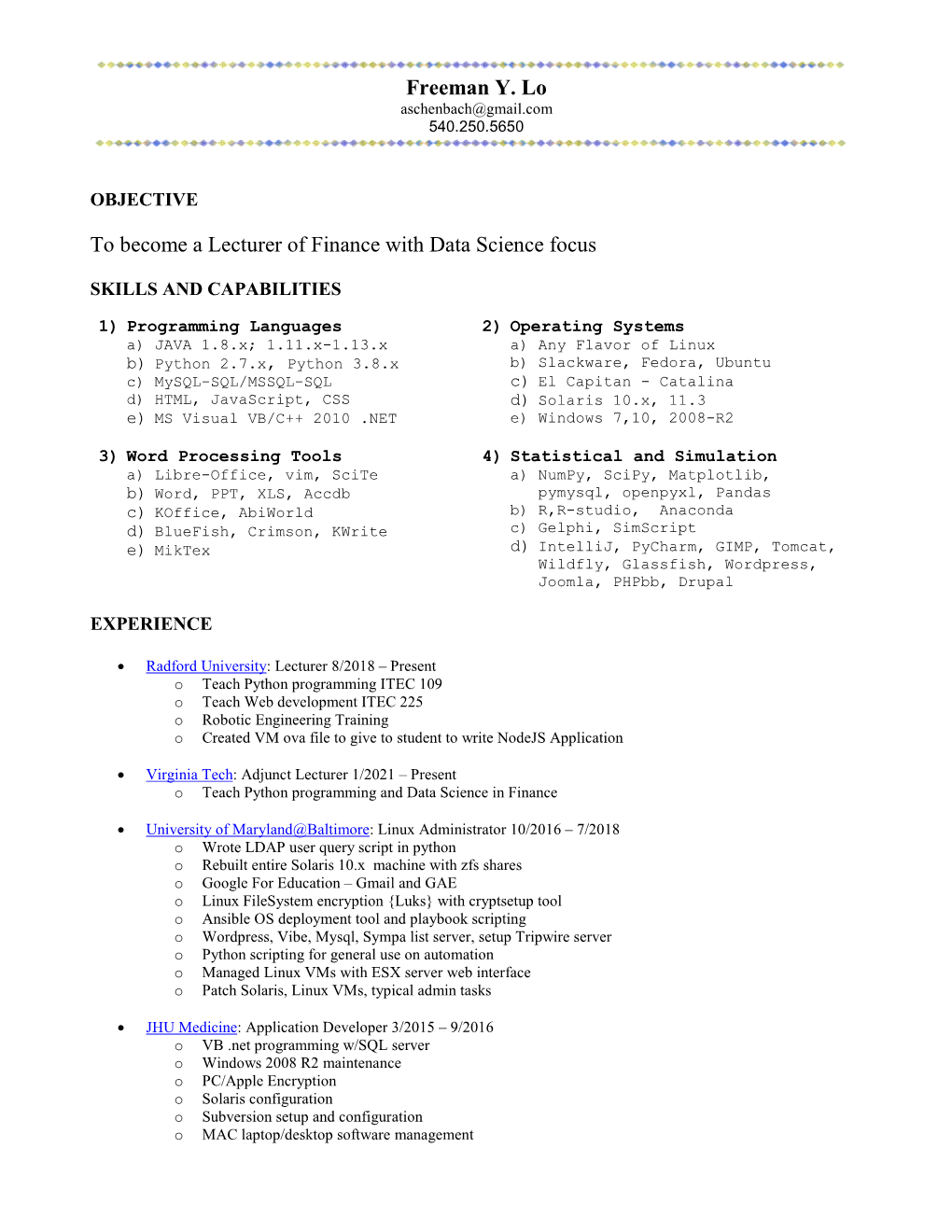 Freeman Y. Lo to Become a Computer Science Lecture With