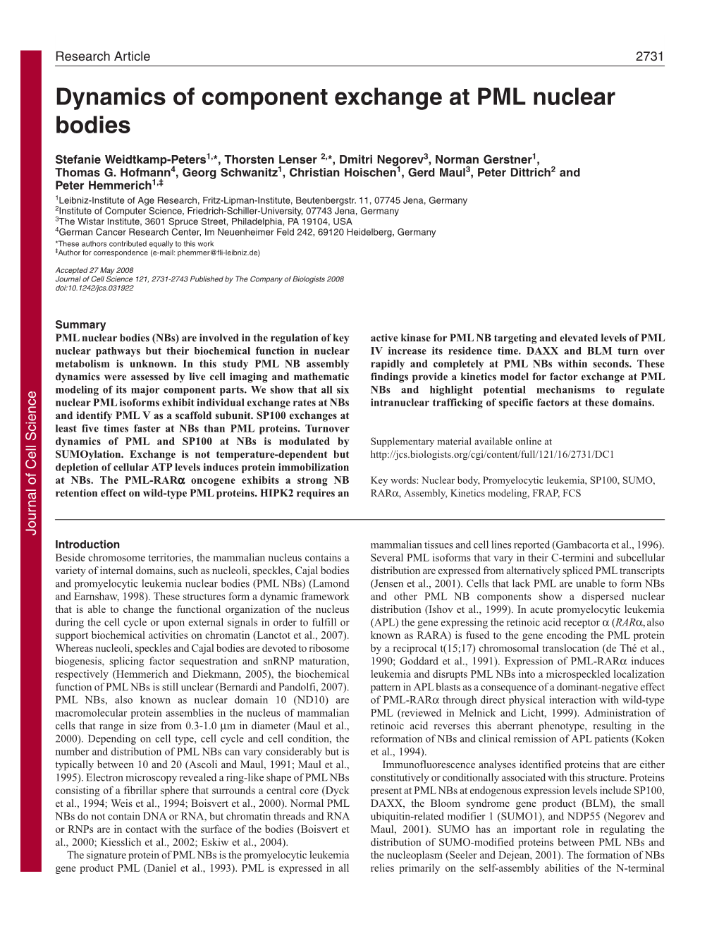 Dynamics of Component Exchange at PML Nuclear Bodies