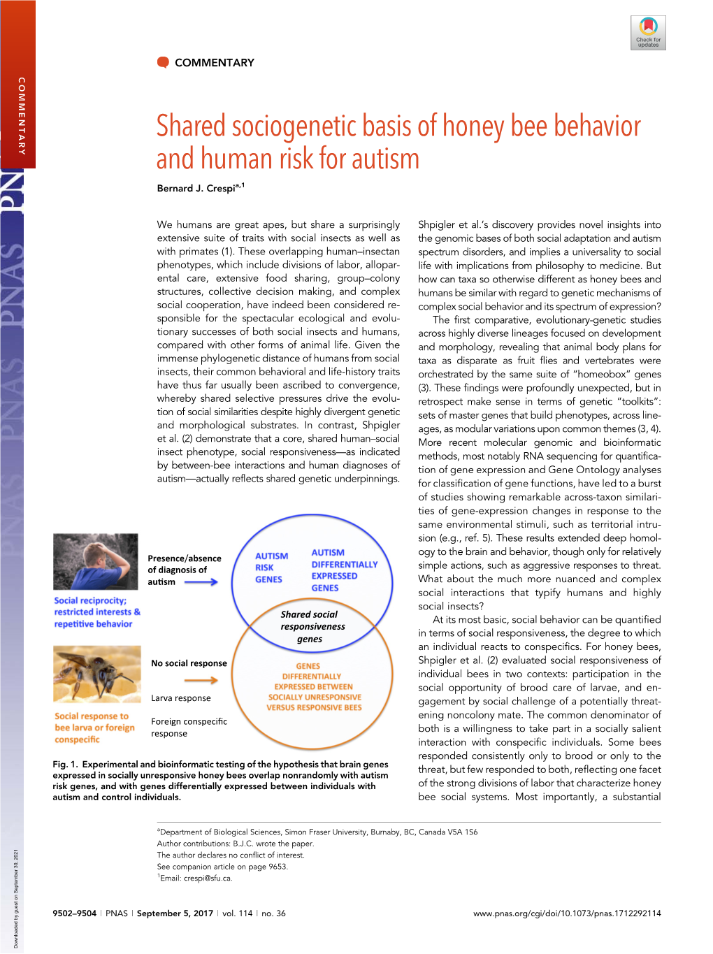 Shared Sociogenetic Basis of Honey Bee Behavior and Human Risk for Autism Bernard J