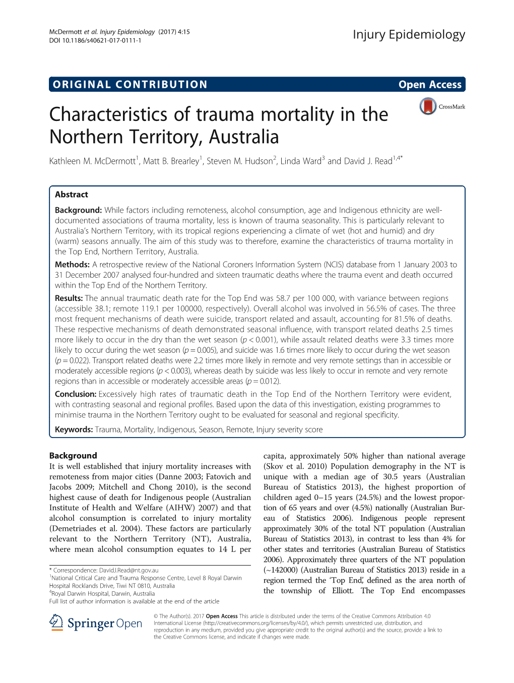 Characteristics of Trauma Mortality in the Northern Territory, Australia Kathleen M