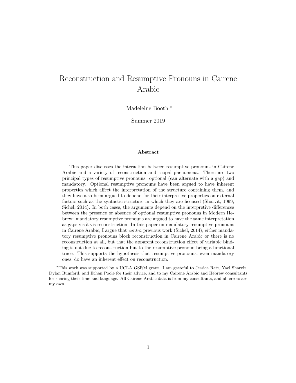 Reconstruction and Resumptive Pronouns in Cairene Arabic