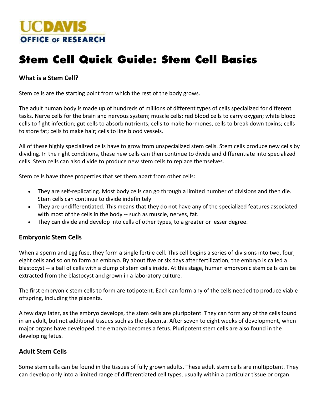 Stem Cell Quick Guide: Stem Cell Basics