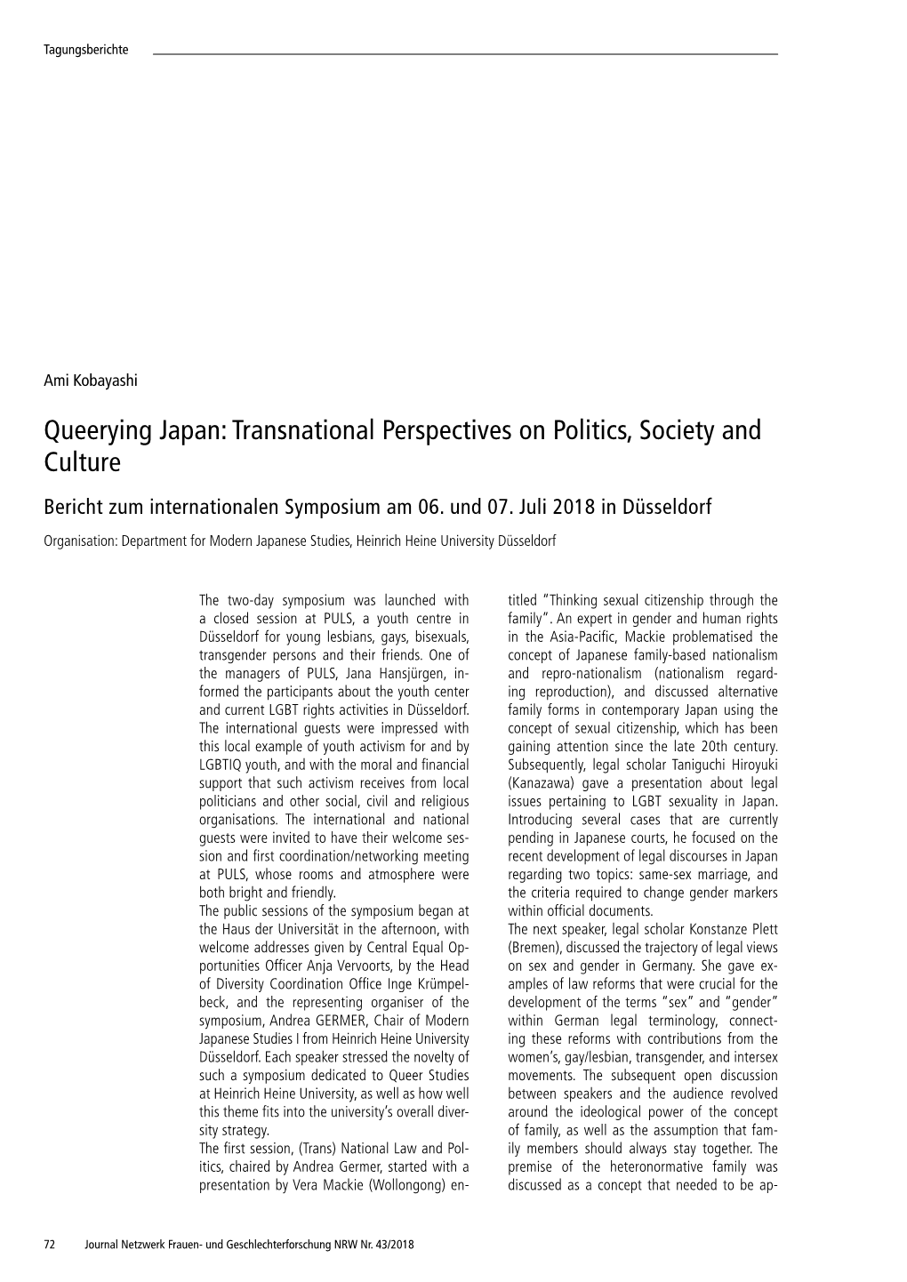 Queerying Japan: Transnational Perspectives on Politics, Society and Culture Bericht Zum Internationalen Symposium Am 06