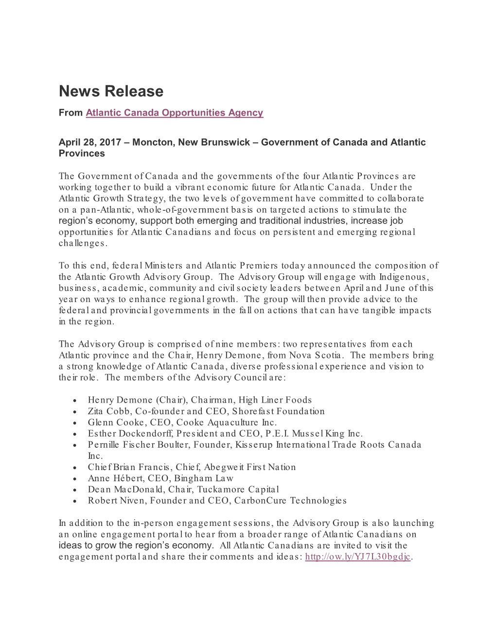 News Release from Atlantic Canada Opportunities Agency