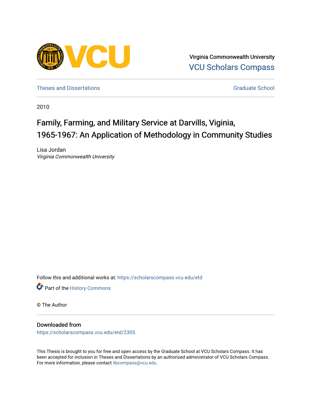 Family, Farming, and Military Service at Darvills, Viginia, 1965-1967: an Application of Methodology in Community Studies