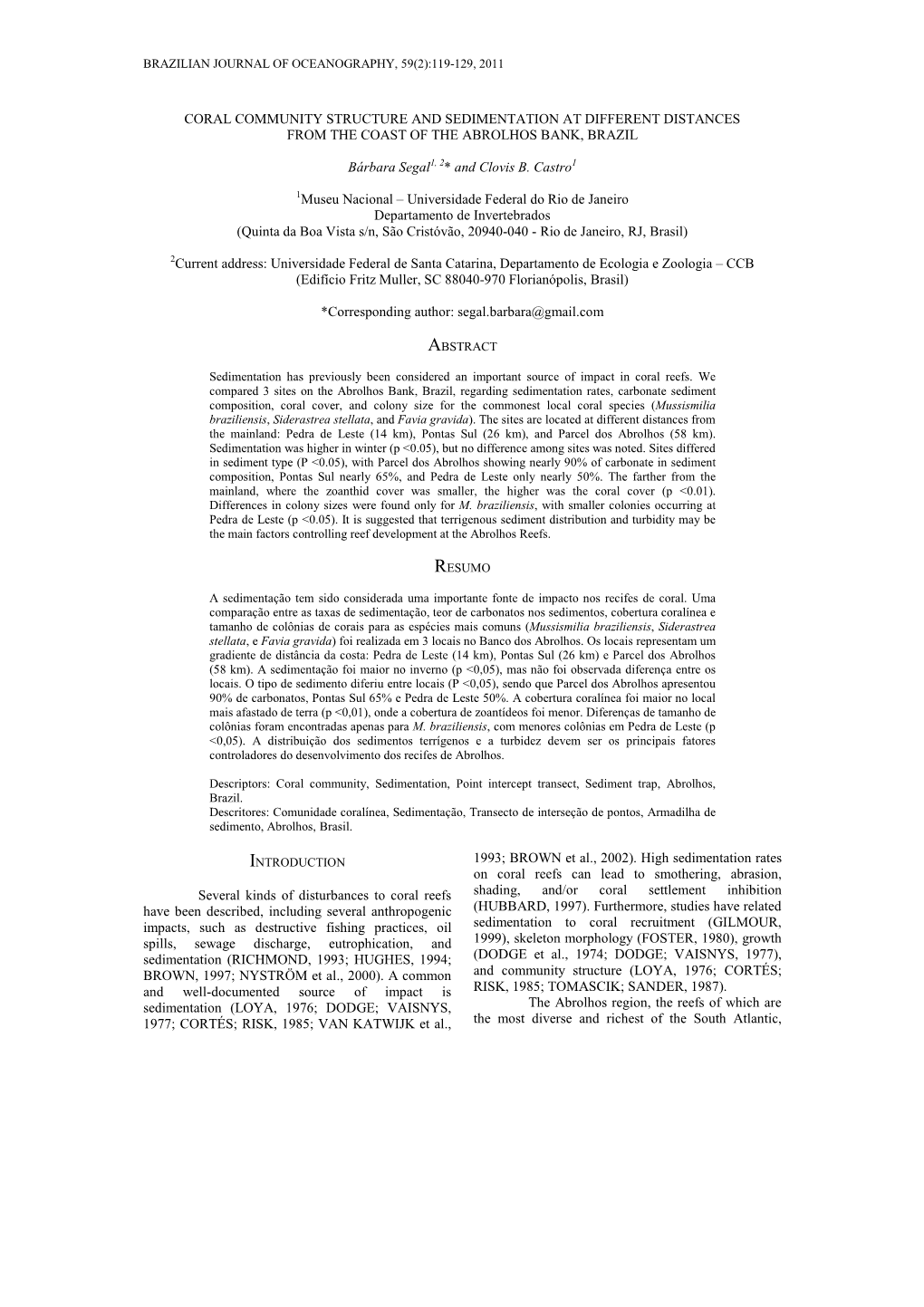 Coral Community Structure and Sedimentation at Different Distances from the Coast of the Abrolhos Bank, Brazil