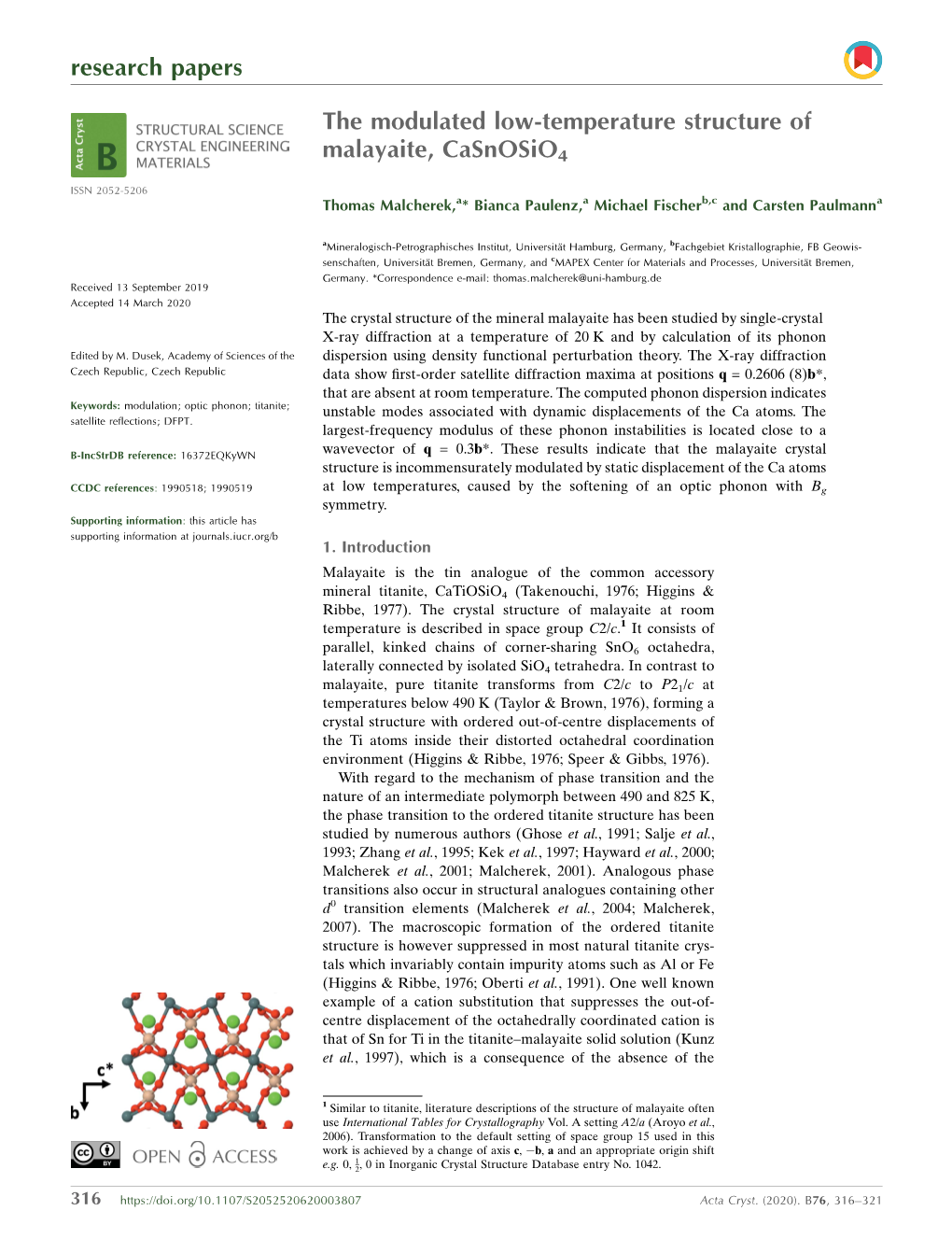 The Modulated Low-Temperature Structure of Malayaite, Casnosio4