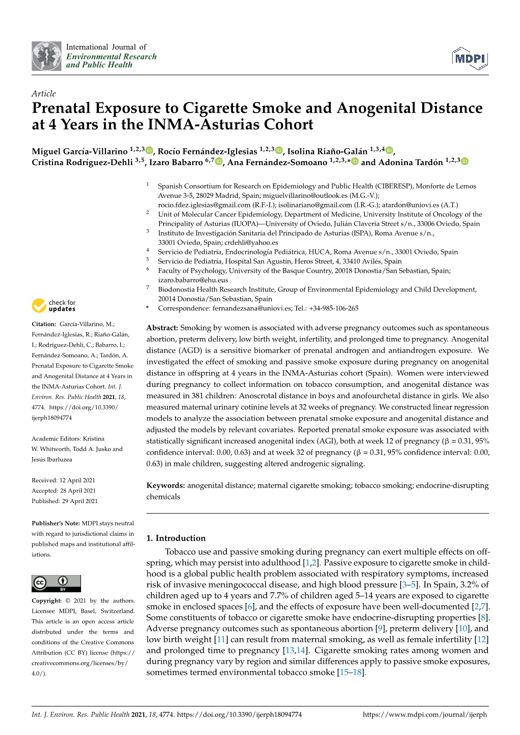 Prenatal Exposure to Cigarette Smoke and Anogenital Distance at 4 Years in the INMA-Asturias Cohort