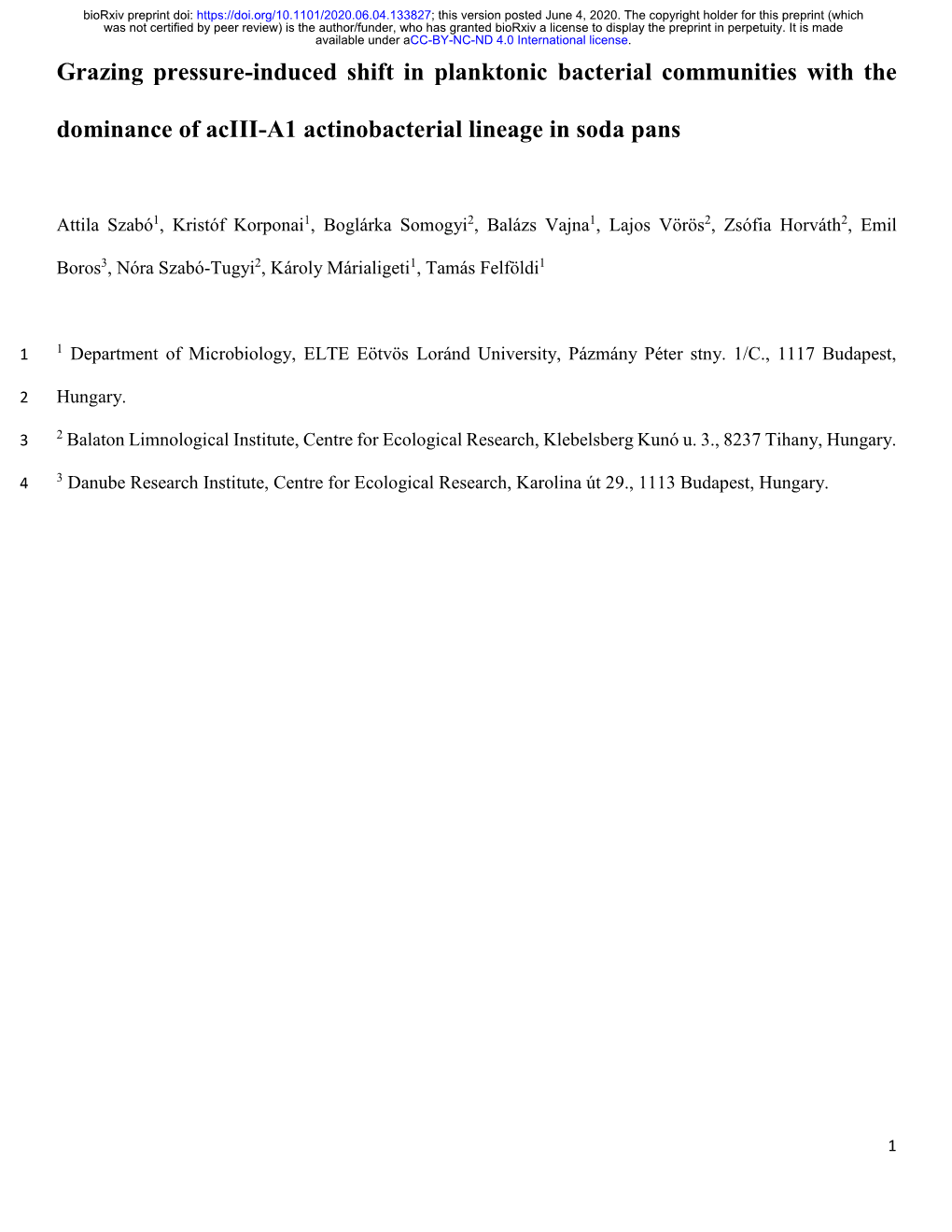 Grazing Pressure-Induced Shift in Planktonic Bacterial Communities with The