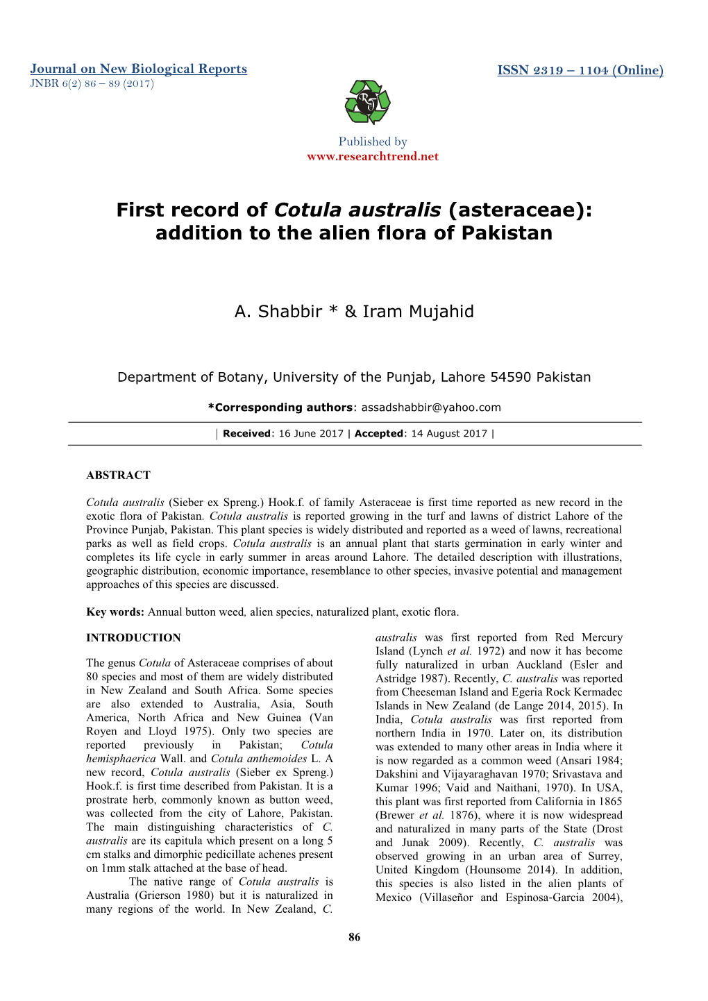 First Record of Cotula Australis (Asteraceae): Addition to the Alien Flora of Pakistan
