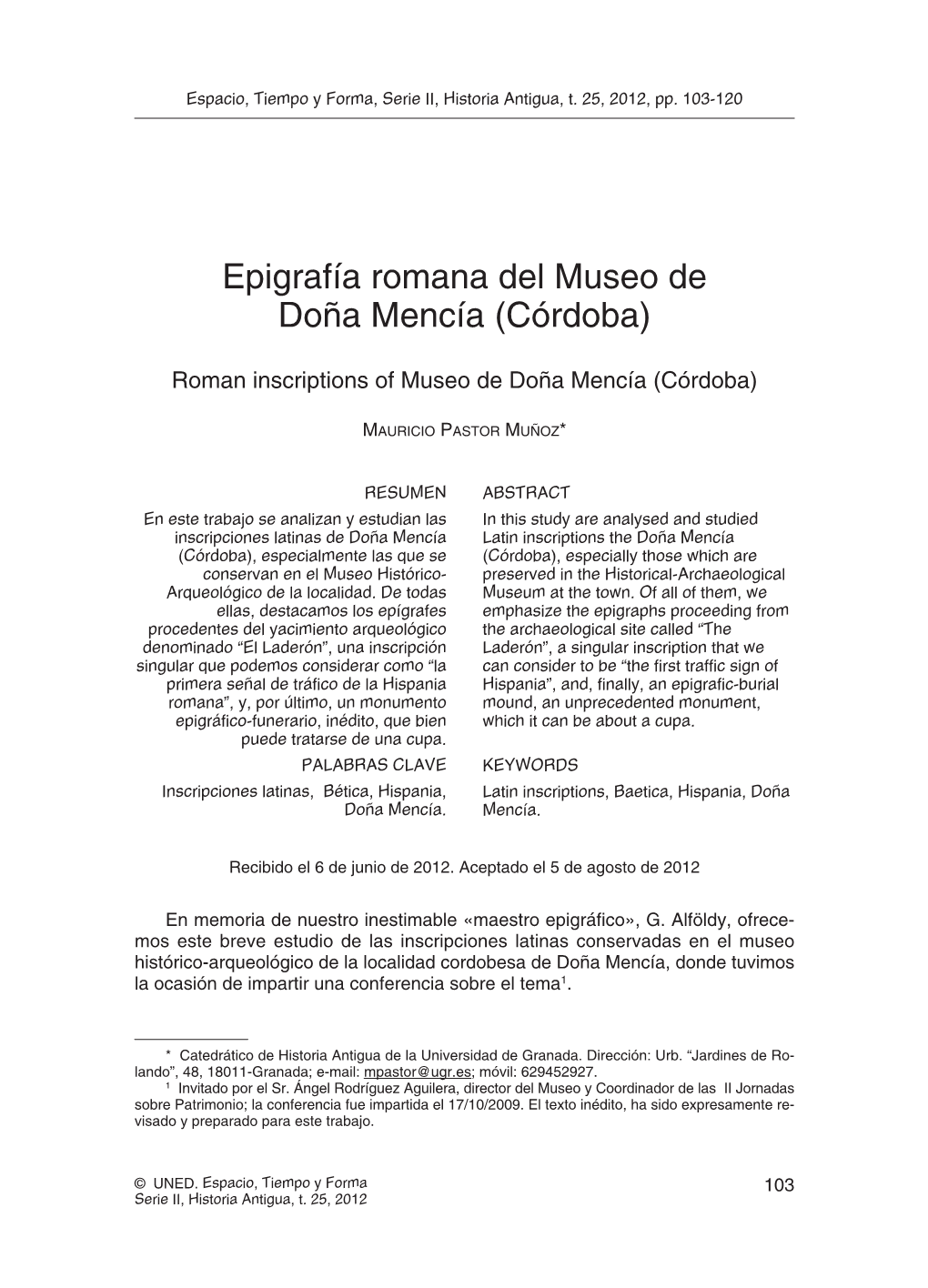 Epigrafía Romana Del Museo De Doña Mencía (Córdoba)