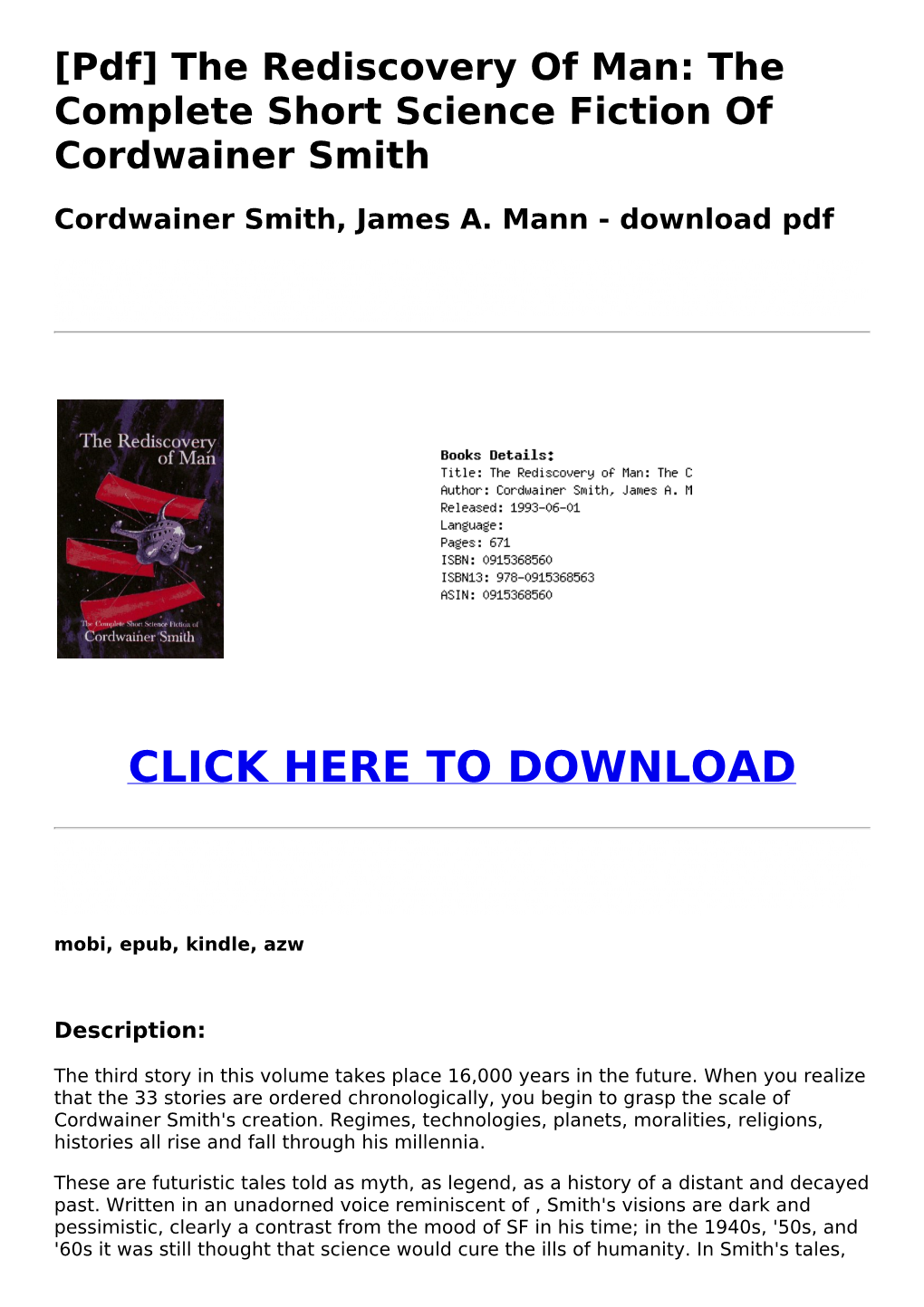 [Pdf] the Rediscovery of Man: the Complete Short Science Fiction of Cordwainer Smith Cordwainer Smith, James A. Mann