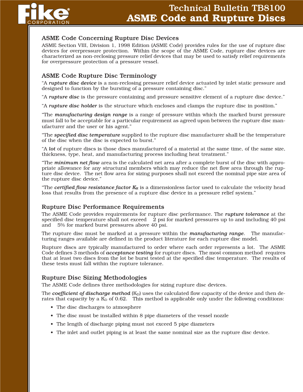 Technical Bulletin TB8100 ASME Code and Rupture Discs