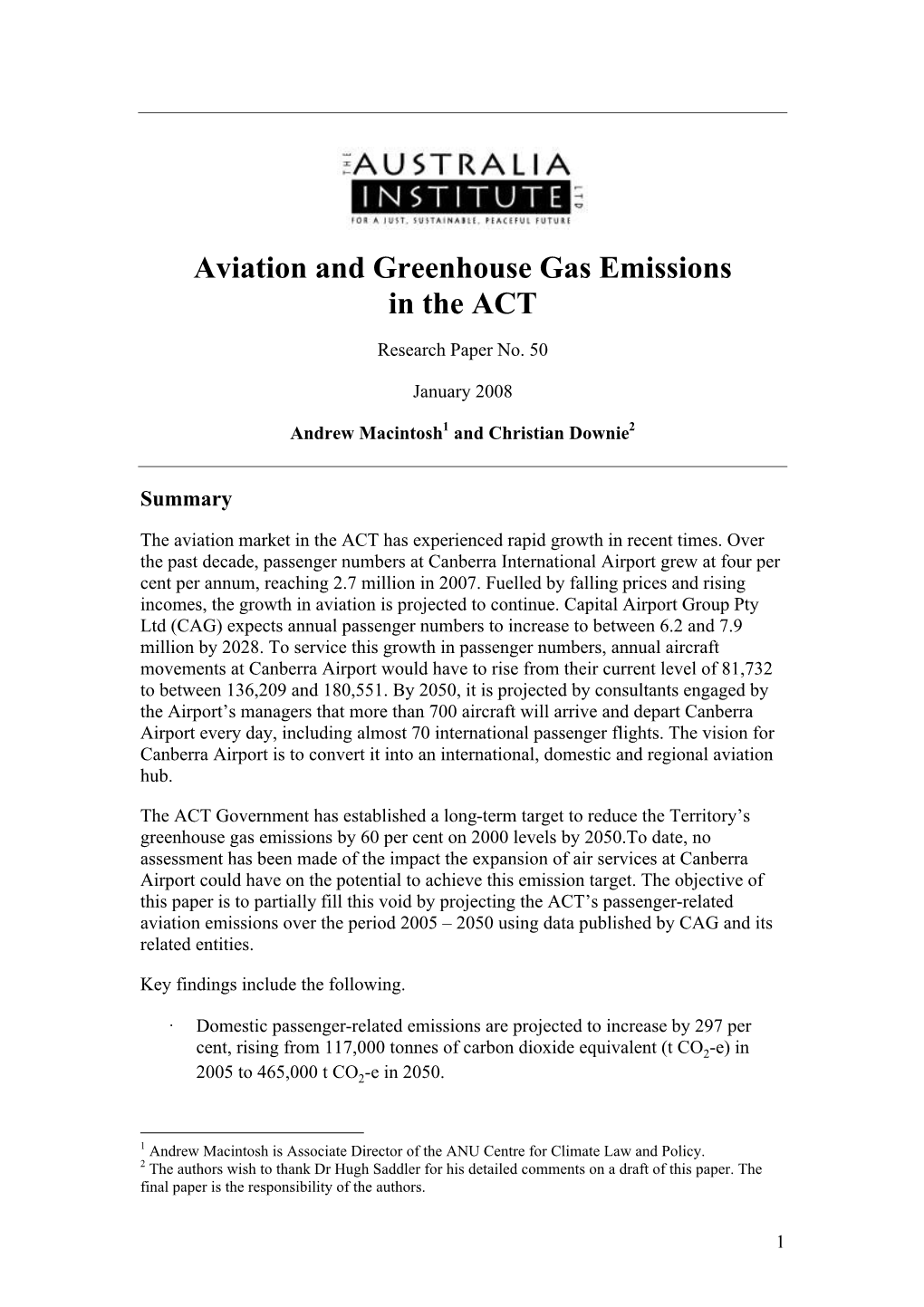 Aviation and Greenhouse Gas Emissions in the ACT