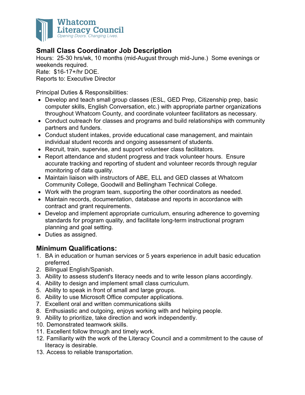 WLC Programs Director Job Description