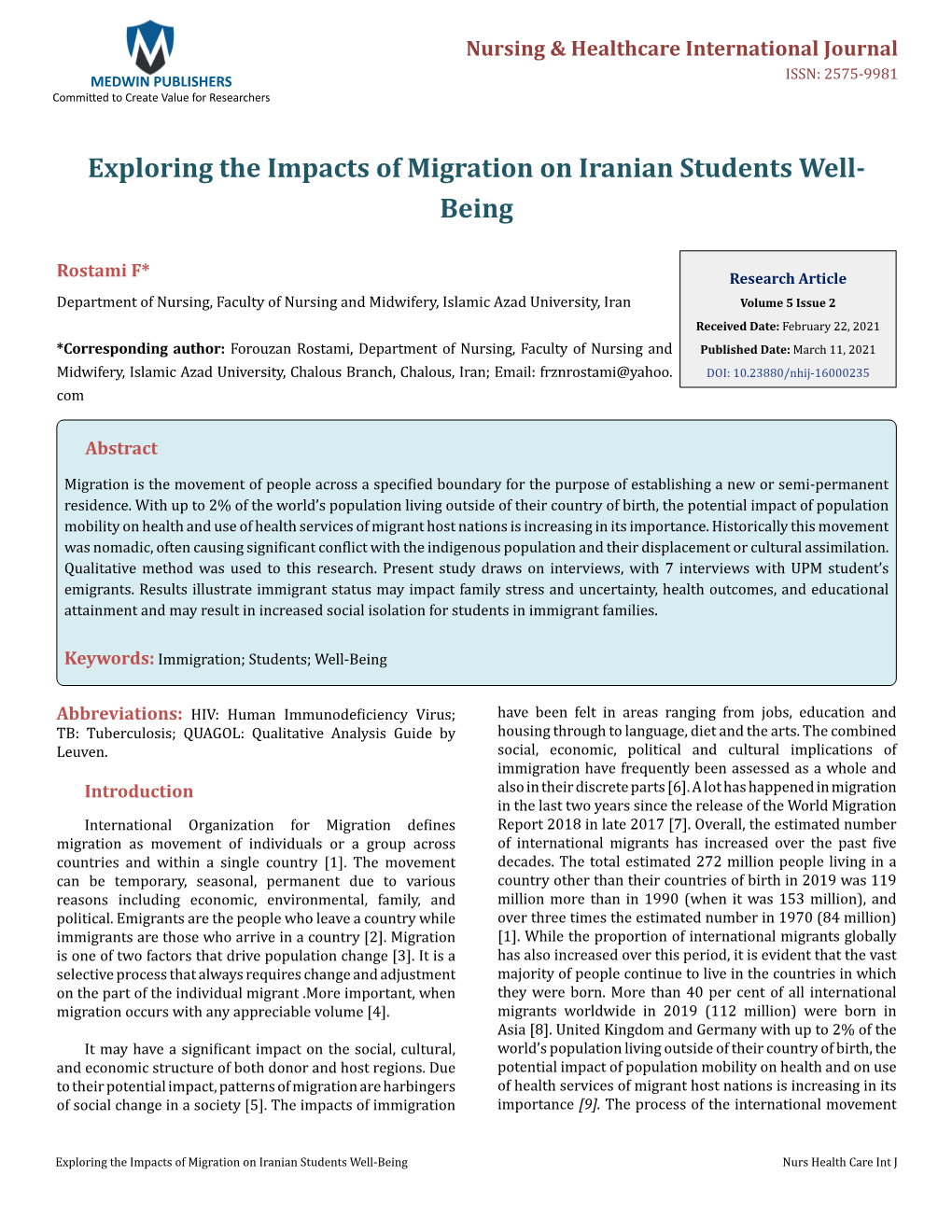 Rostami F. Exploring the Impacts of Migration on Iranian Students Well-Being