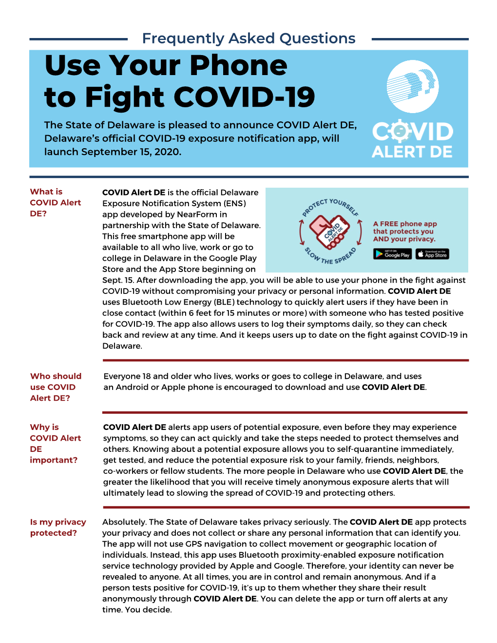 COVID Alert DE, Delaware’S Official COVID-19 Exposure Notification App, Will Launch September 15, 2020