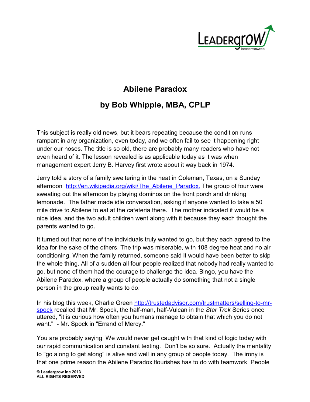 Abilene Paradox by Bob Whipple, MBA, CPLP