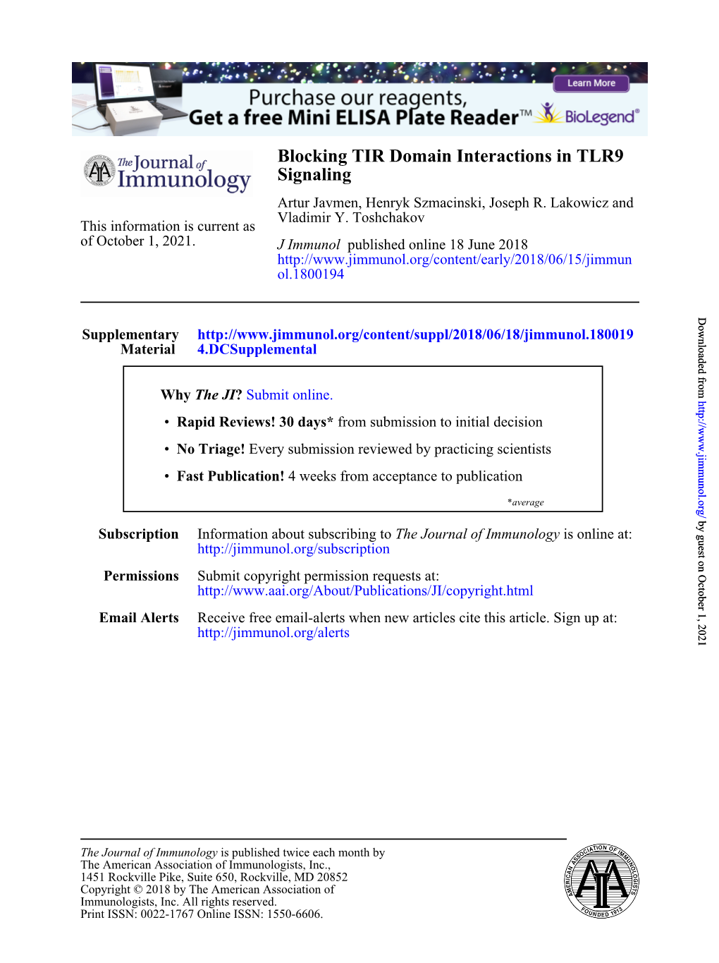 Blocking TIR Domain Interactions in TLR9 Signaling Artur Javmen, Henryk Szmacinski, Joseph R