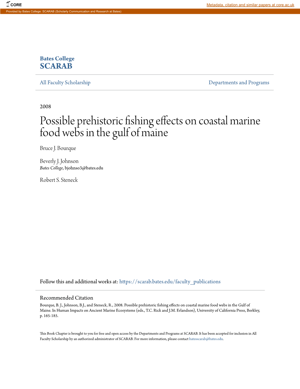 Possible Prehistoric Fishing Effects on Coastal Marine Food Webs in the Gulf of Maine Bruce J