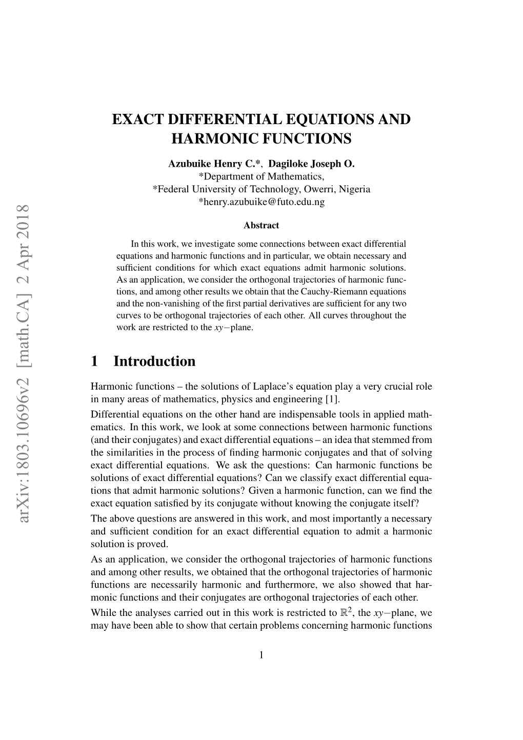 Exact Differential Equations and Harmonic Functions