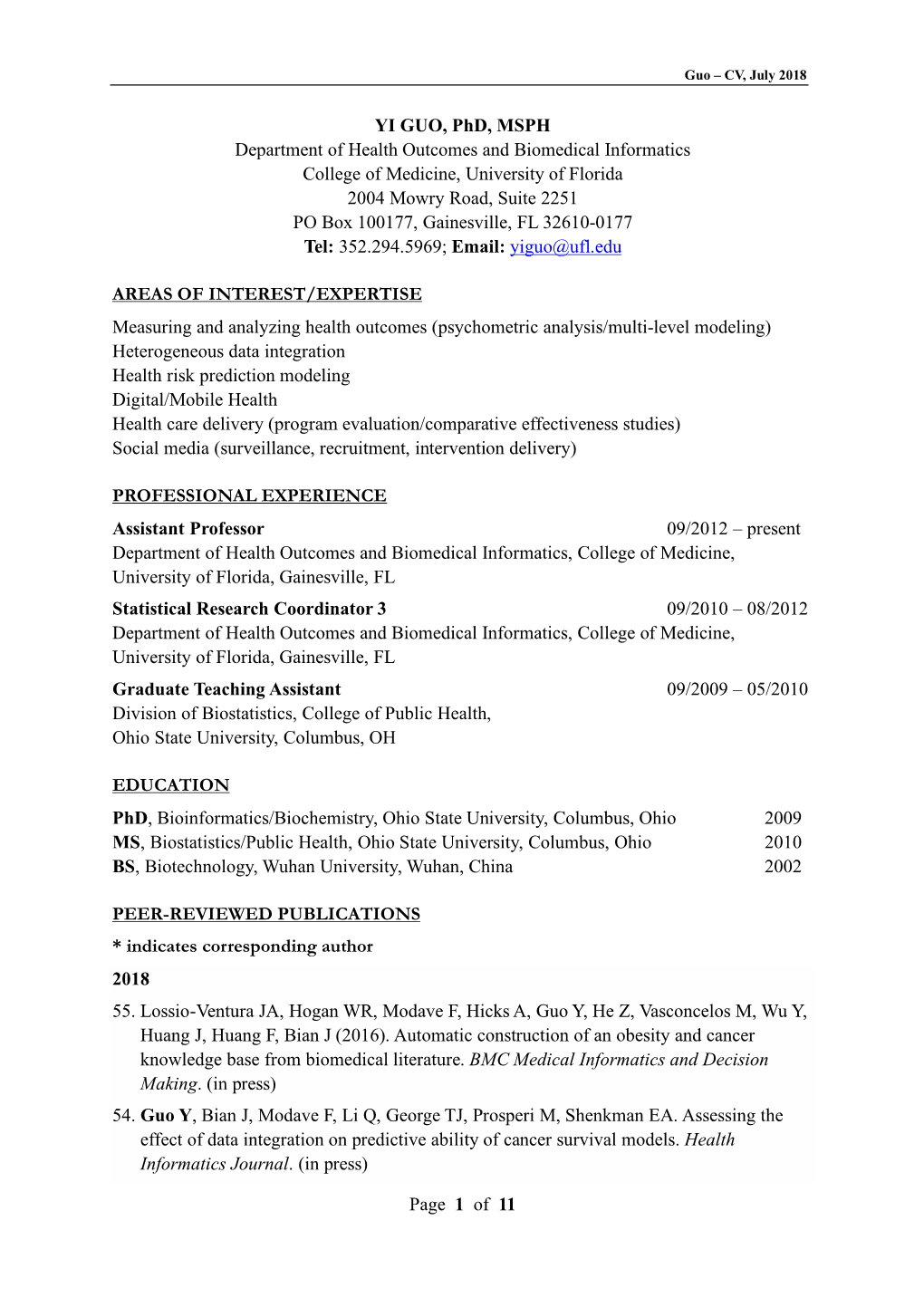 Page 1 of 11 YI GUO, Phd, MSPH Department of Health Outcomes