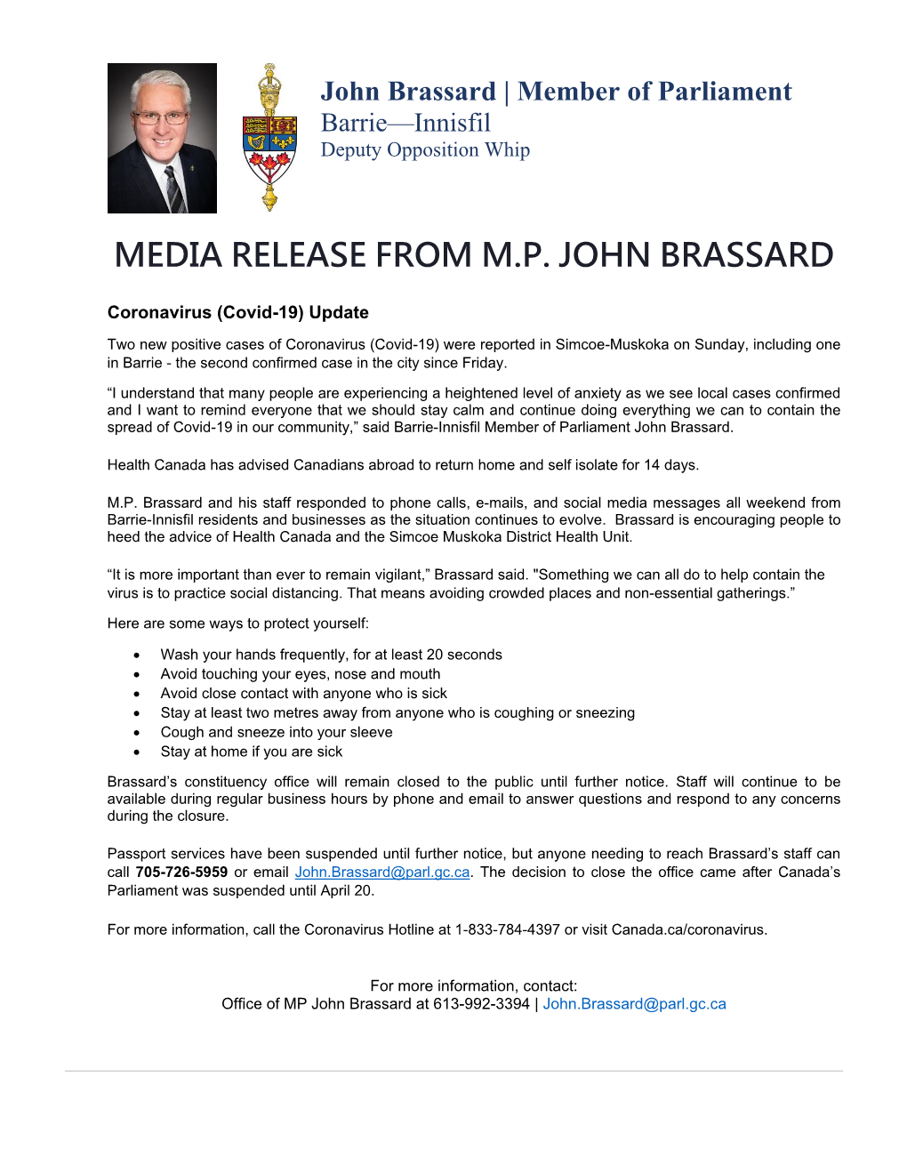 Media Release from M.P. John Brassard