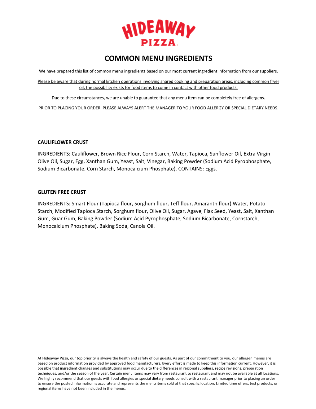 Common Menu Ingredients