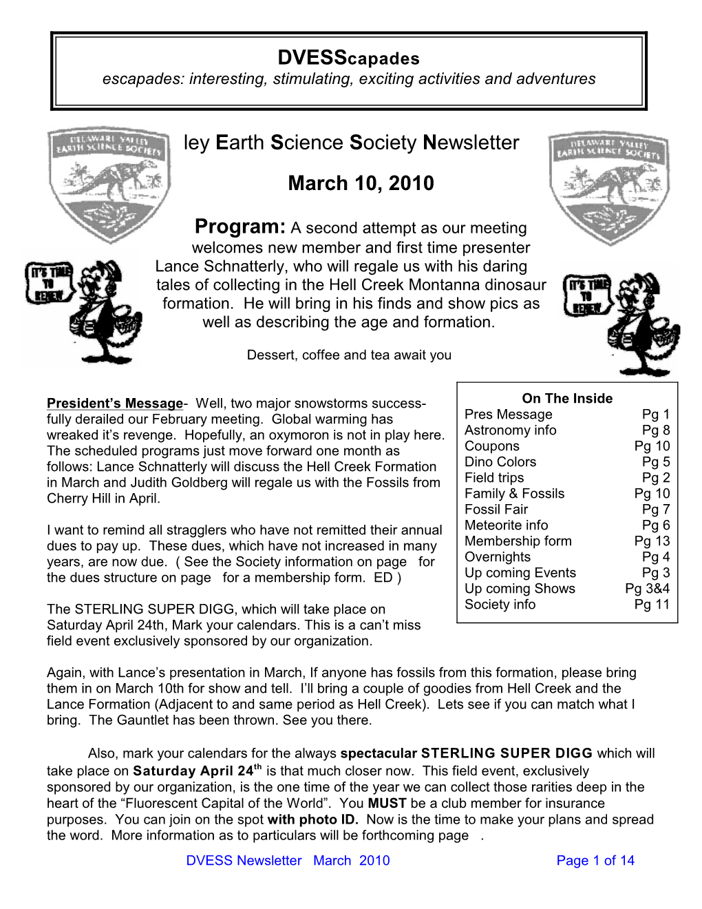 Delaware Valley Earth Science Society Newsletter March 10, 2010
