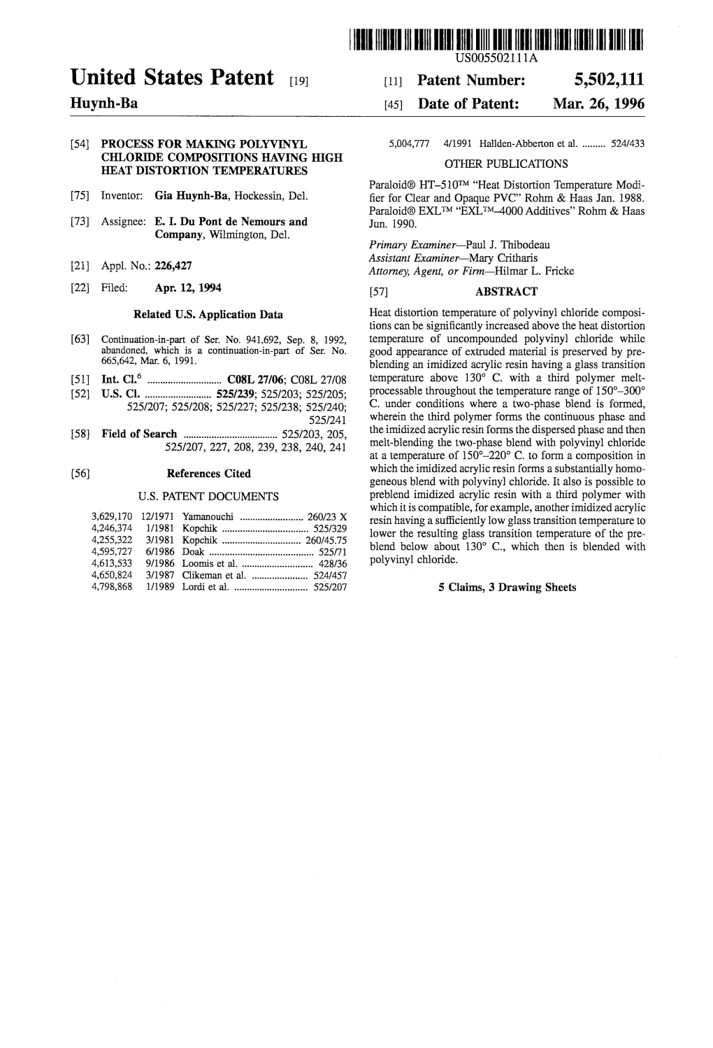 III III IIII USOO55O2 1A United States Patent 19 11 Patent Number: 5,502,111 Huynh-Ba (45) Date of Patent: Mar