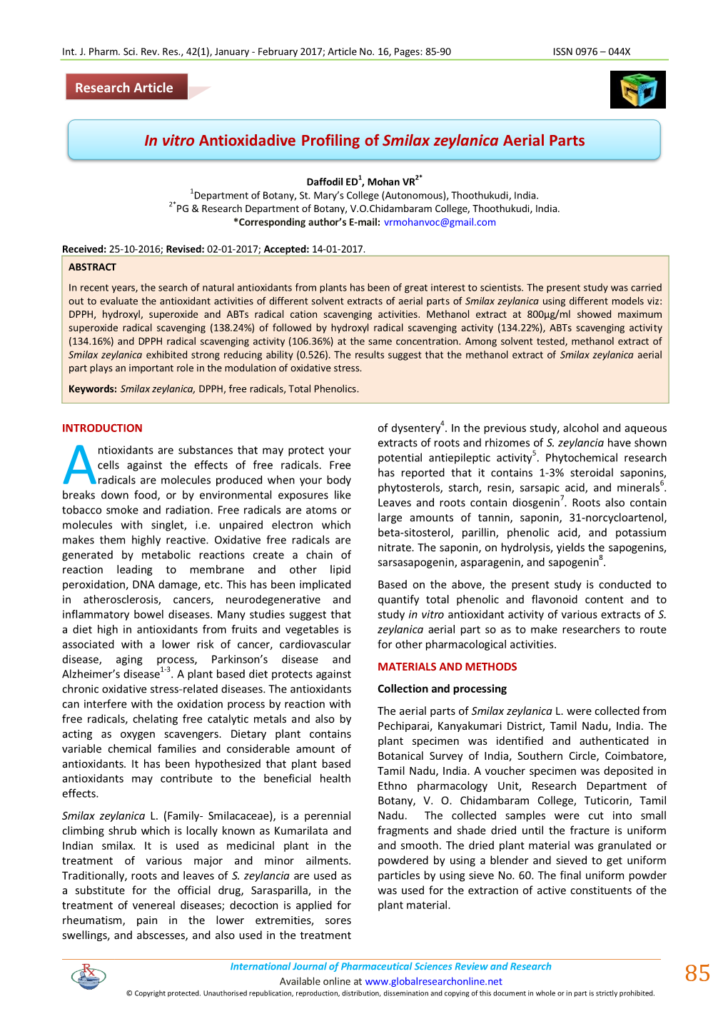 In Vitro Antioxidadive Profiling of Smilax Zeylanica Aerial Parts