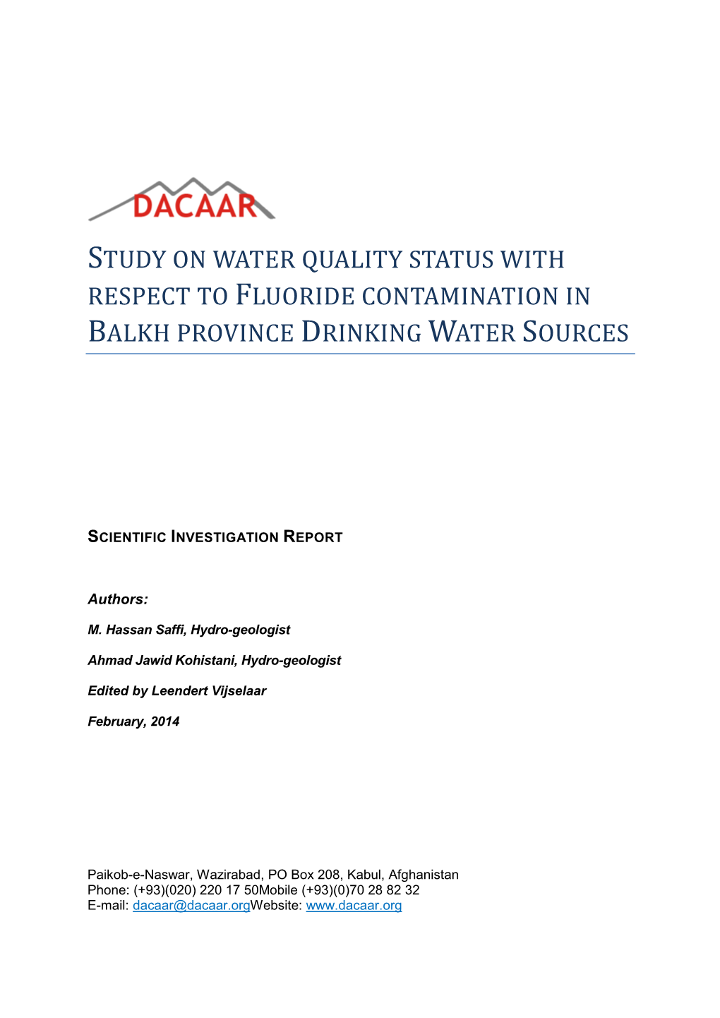 Study on Water Quality Status with Respect to Fluoride Contamination in Balkh Province Drinking Water Sources