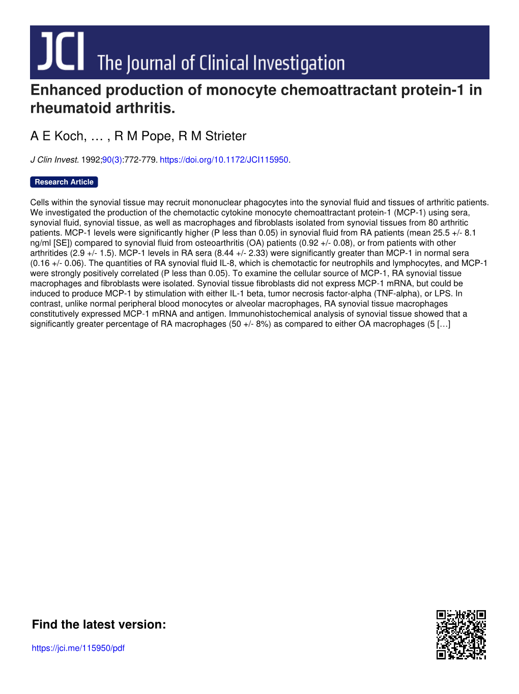 Enhanced Production of Monocyte Chemoattractant Protein-1 in Rheumatoid Arthritis