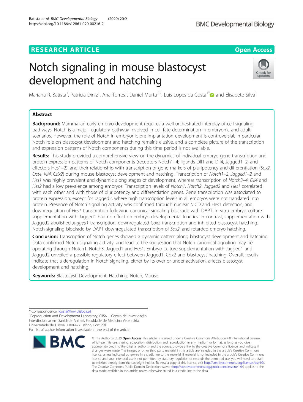 Notch Signaling in Mouse Blastocyst Development and Hatching Mariana R