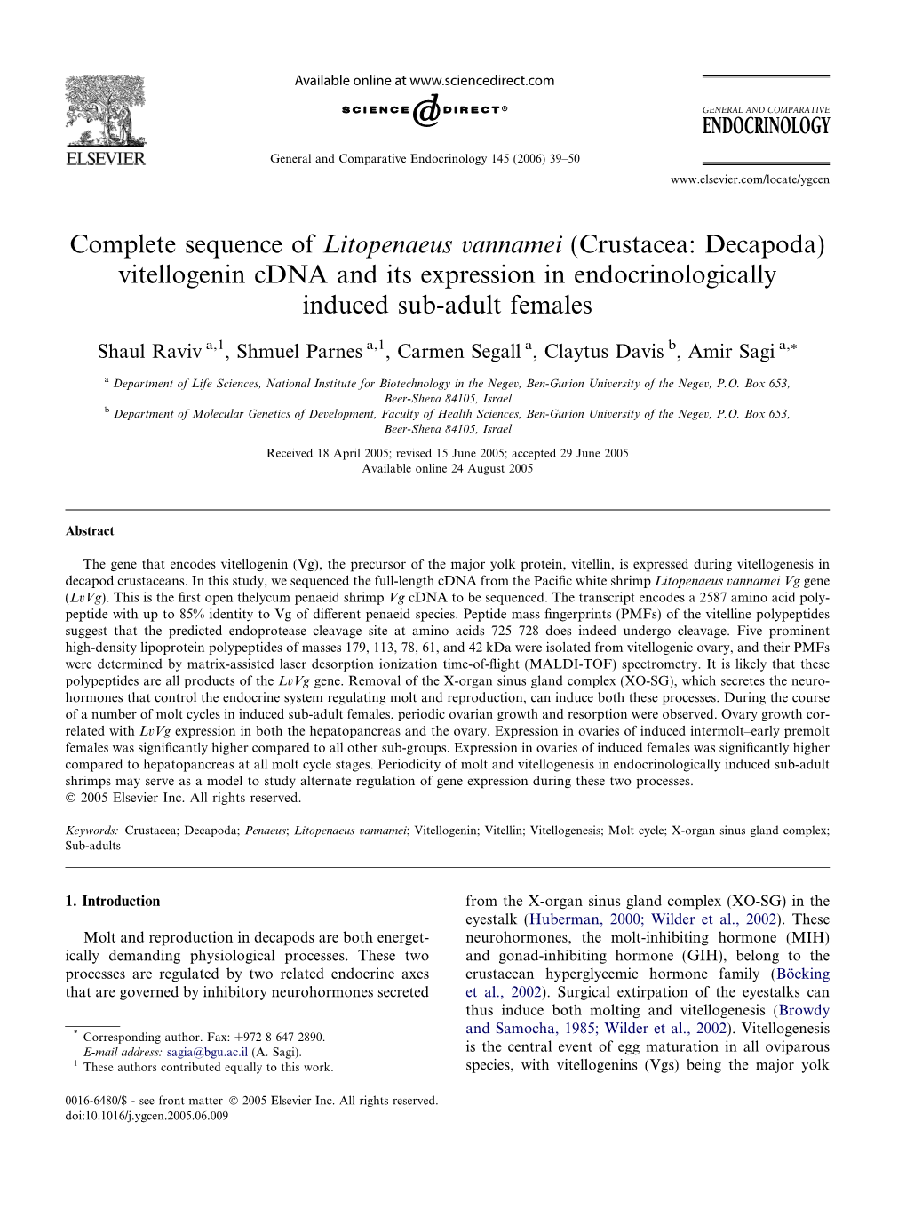 Complete Sequence of Litopenaeus Vannamei (Crustacea: Decapoda) Vitellogenin Cdna and Its Expression in Endocrinologically Induced Sub-Adult Females