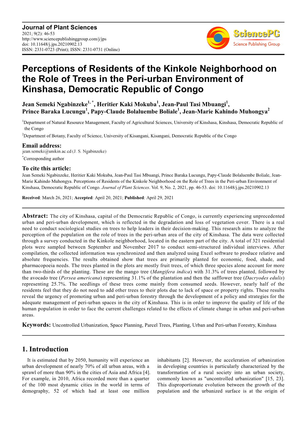 Perceptions of Residents of the Kinkole Neighborhood on the Role of Trees in the Peri-Urban Environment of Kinshasa, Democratic Republic of Congo