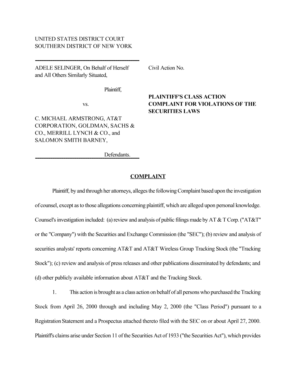 UNITED STATES DISTRICT COURT SOUTHERN DISTRICT of NEW YORK ADELE SELINGER, on Behalf of Herself and All Others Similarly Situate