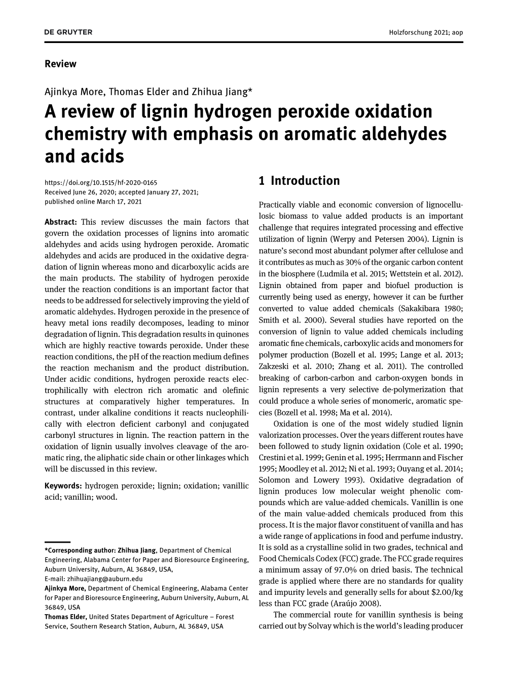 A Review of Lignin Hydrogen Peroxide Oxidation Chemistry with Emphasis