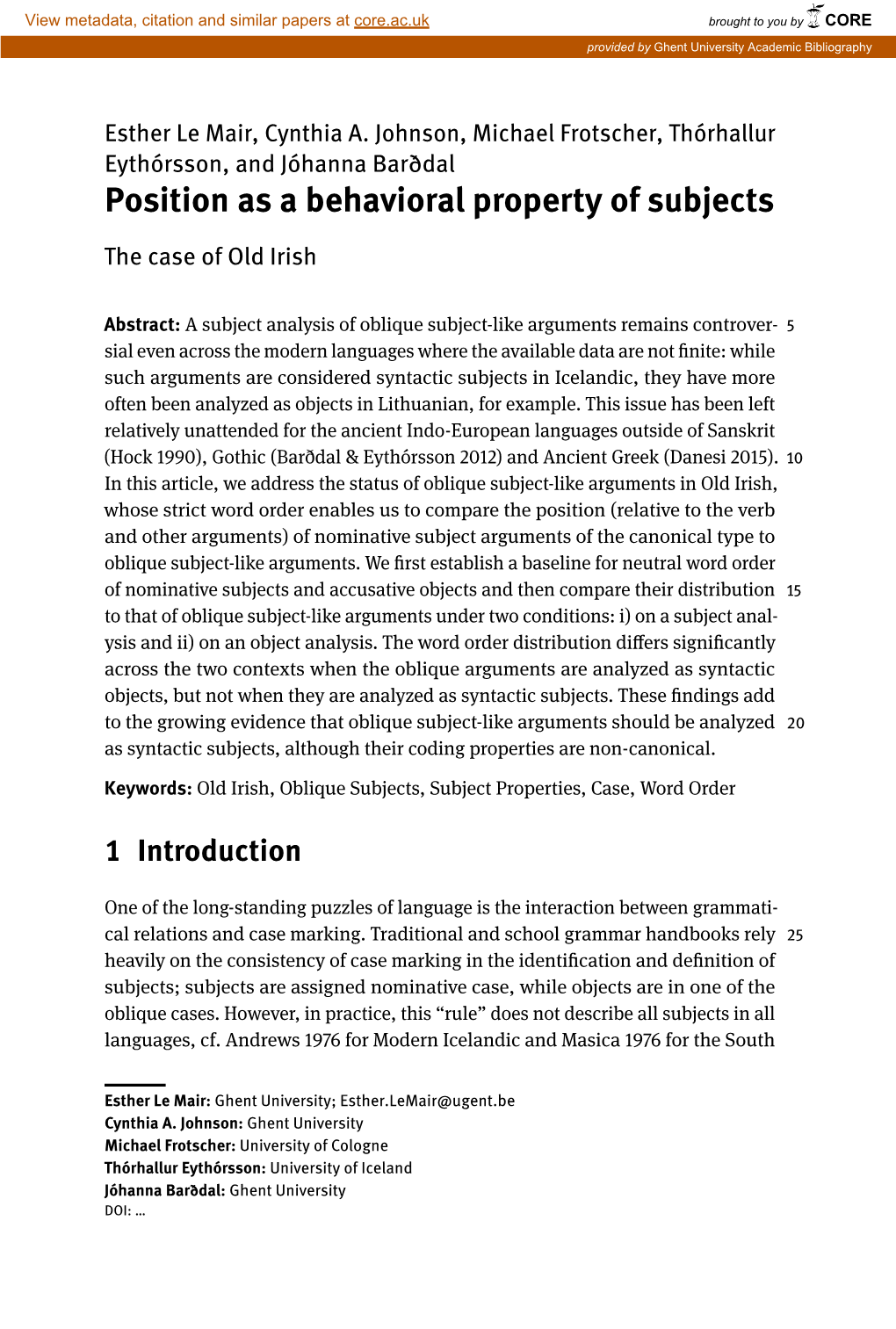 Position As a Behavioral Property of Subjects the Case of Old Irish