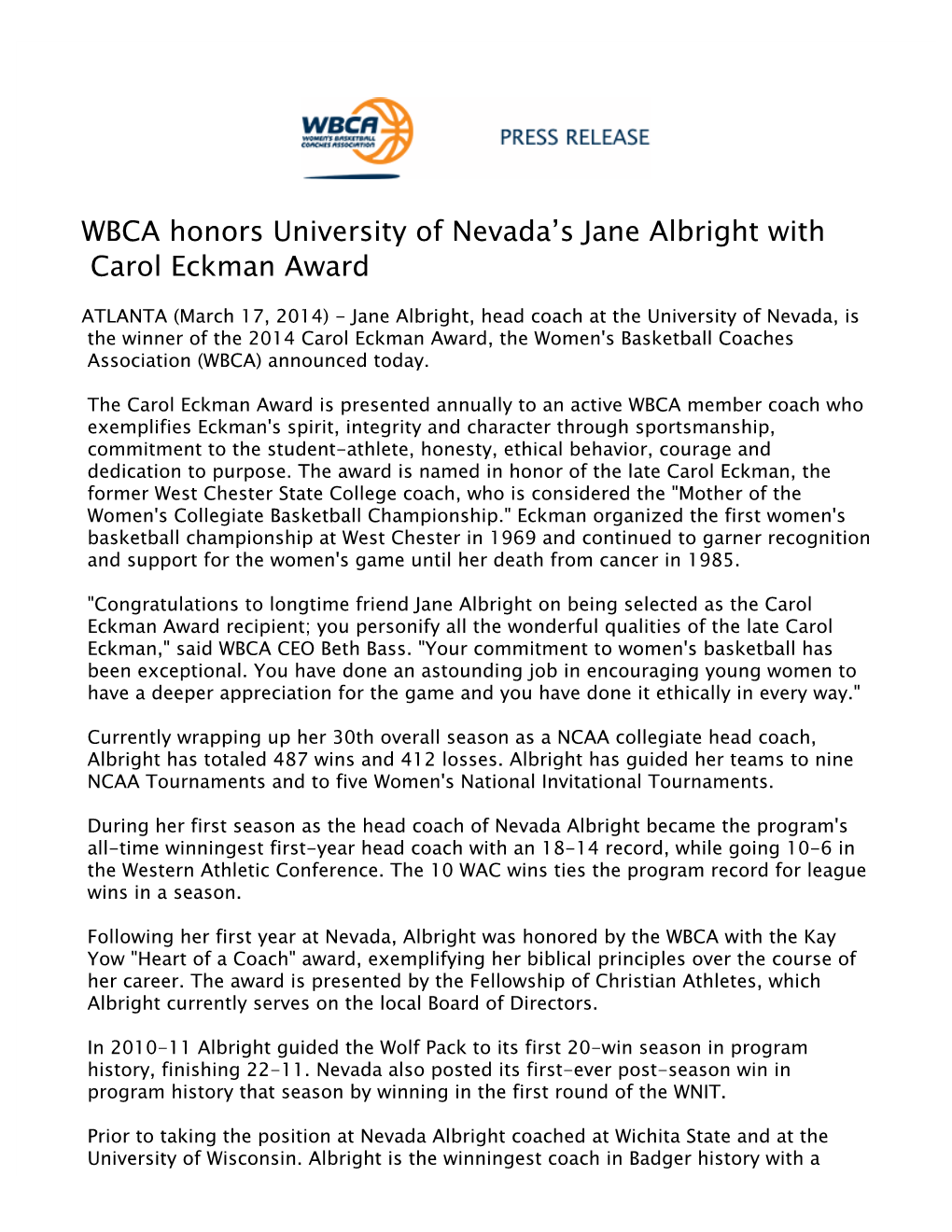 WBCA Honors University of Nevada's Jane Albright with Carol Eckman
